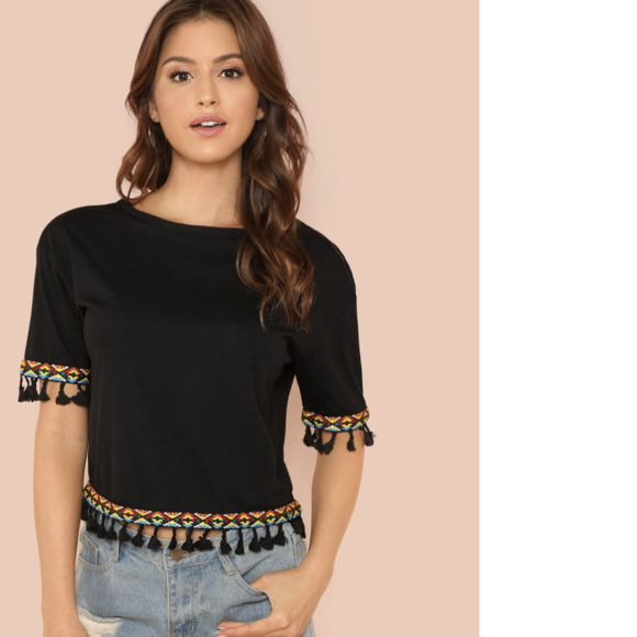 SHEIN Tops - SHEIN Embroidered Tape & Tassel Trim T-shirt